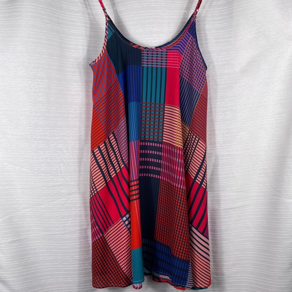 Umgee USA Colorful Patchwork Striped Mini Dress Multi Geometric MED